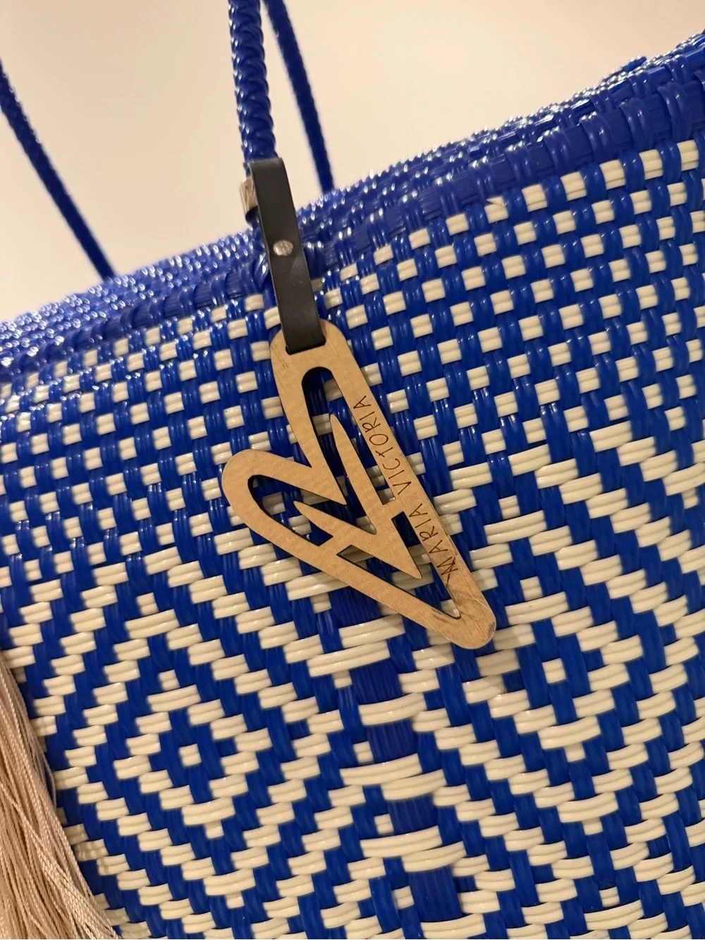 Maria Victoria Blue and Cream Woven Tote with Tassel Charm